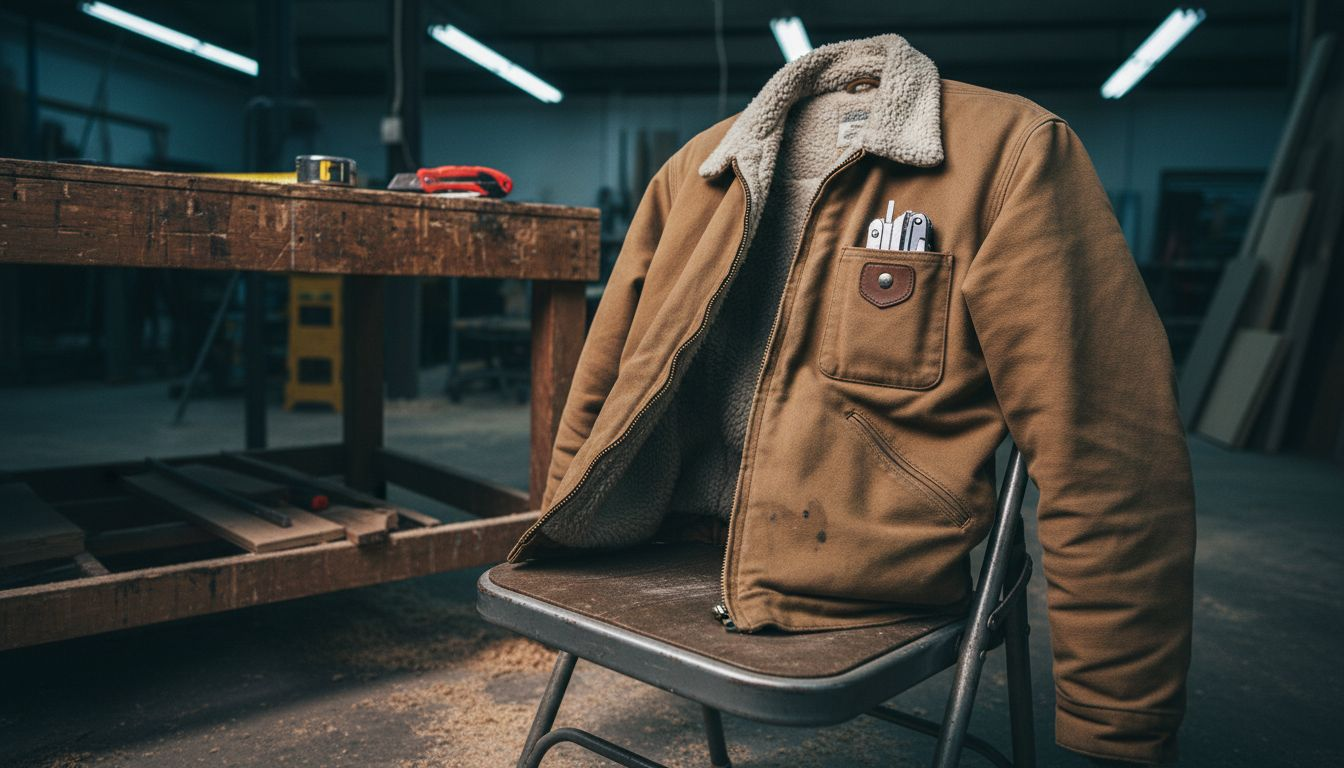 Close-up of durable work jacket features