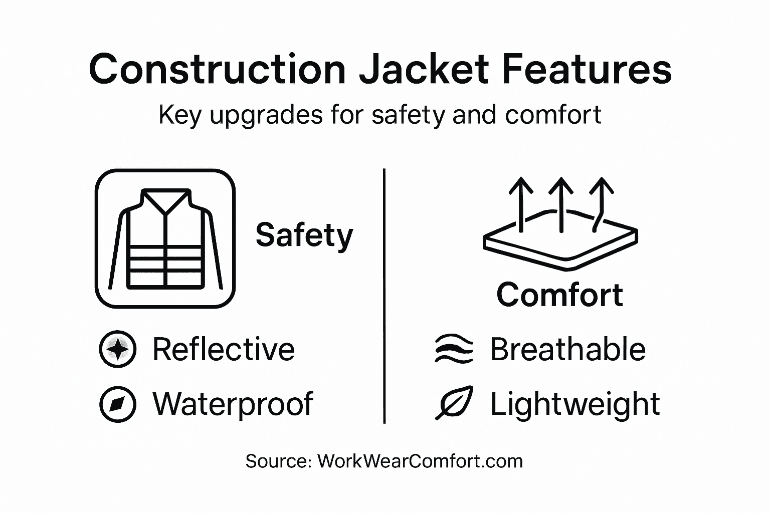 Infographic showing construction jacket safety and comfort features