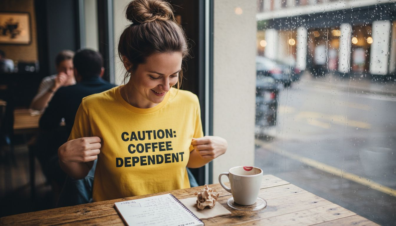 Woman smiling at message on t-shirt