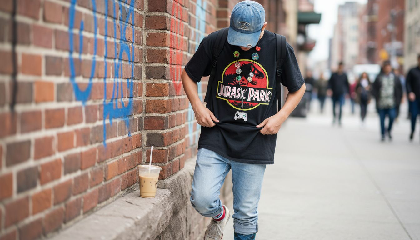 Teen wearing movie fandom tee on sidewalk
