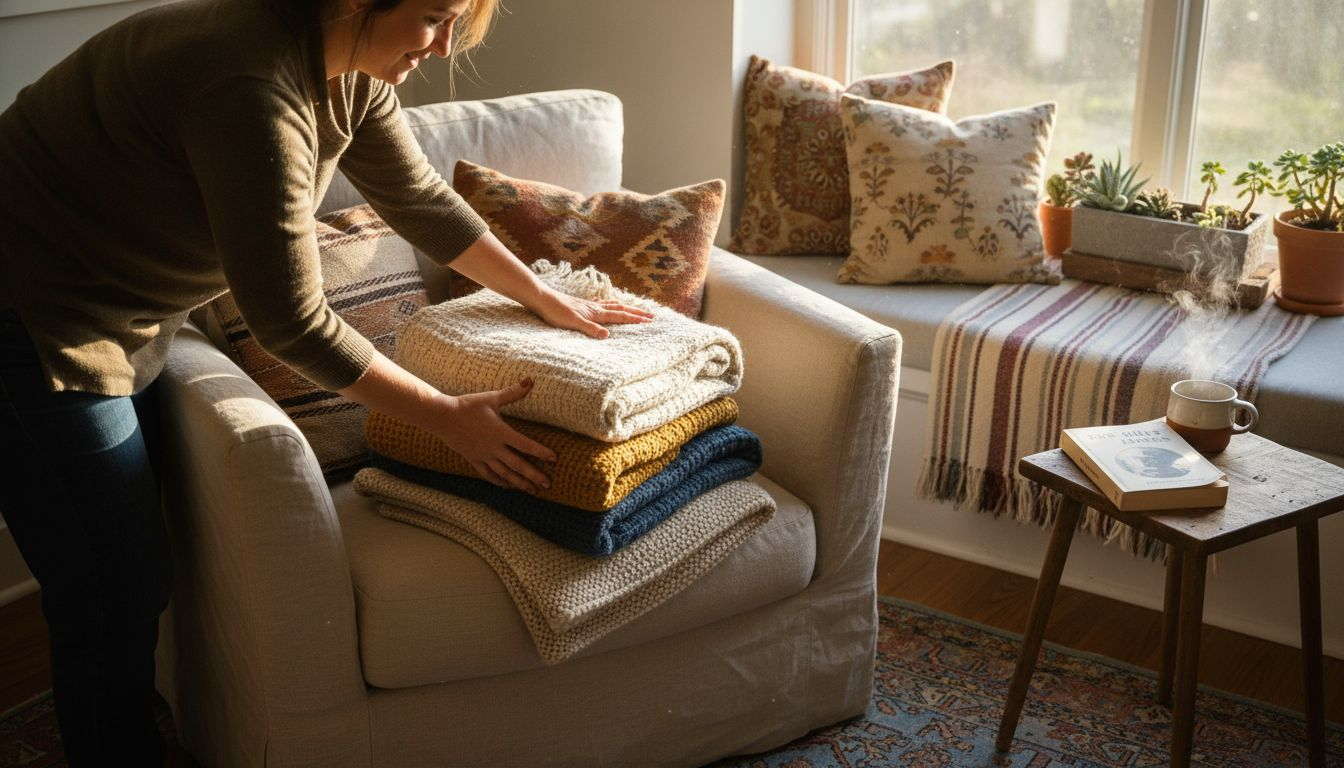 Layered blankets and cushions on armchair