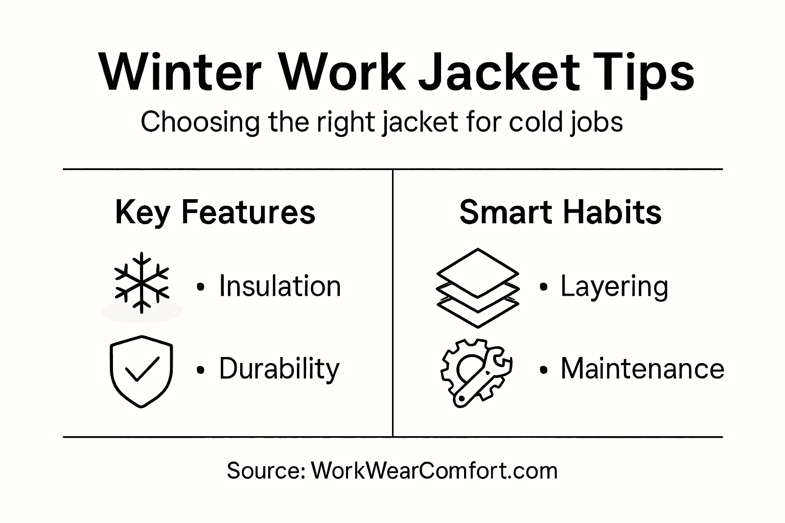 Infographic on winter work jacket features and tips