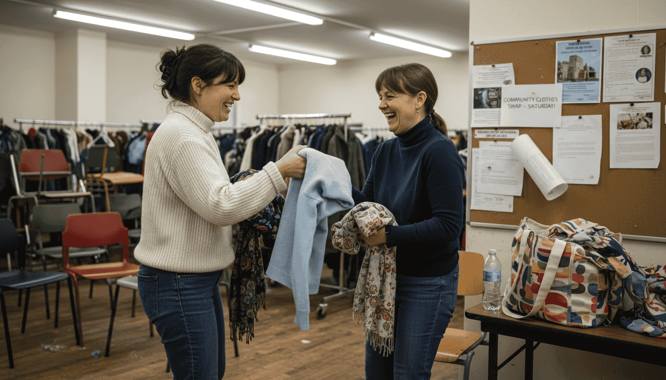 Two people trading clothes at swap event