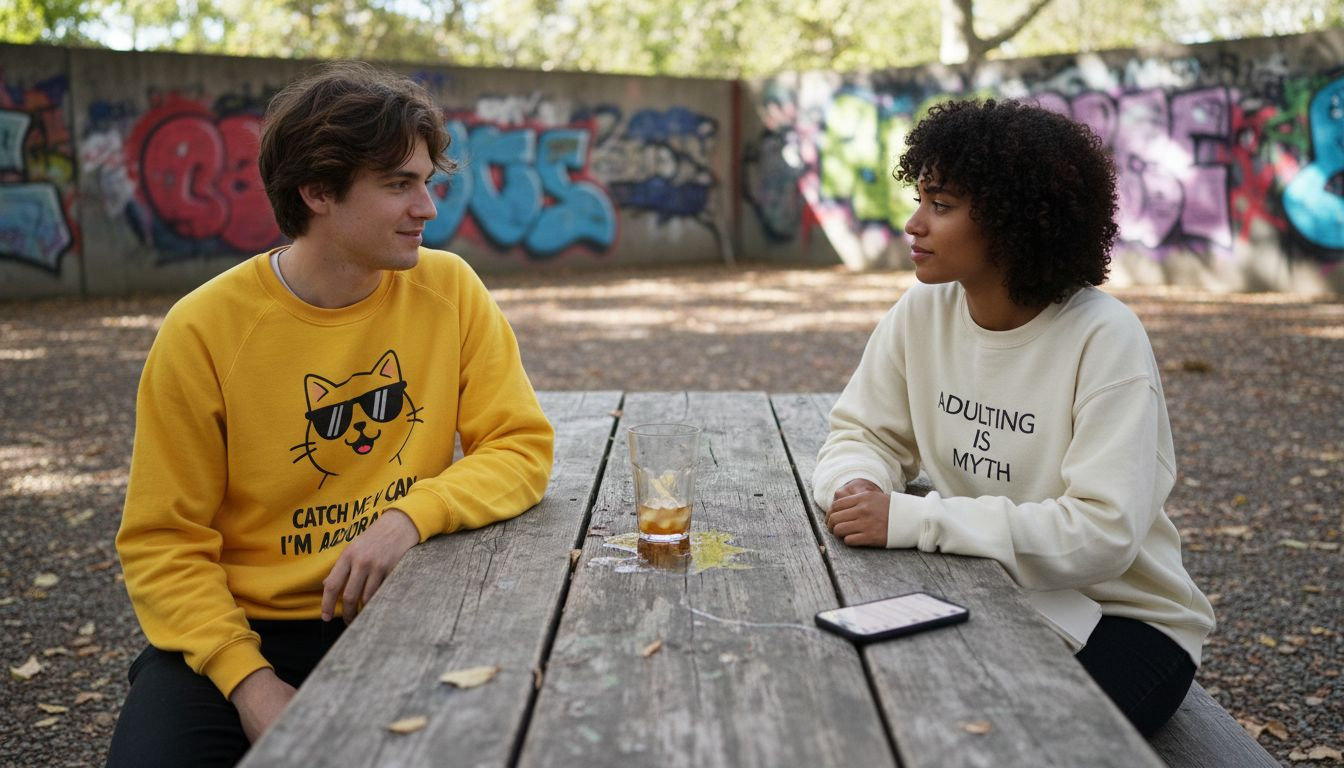 Friends comparing two statement sweatshirt styles