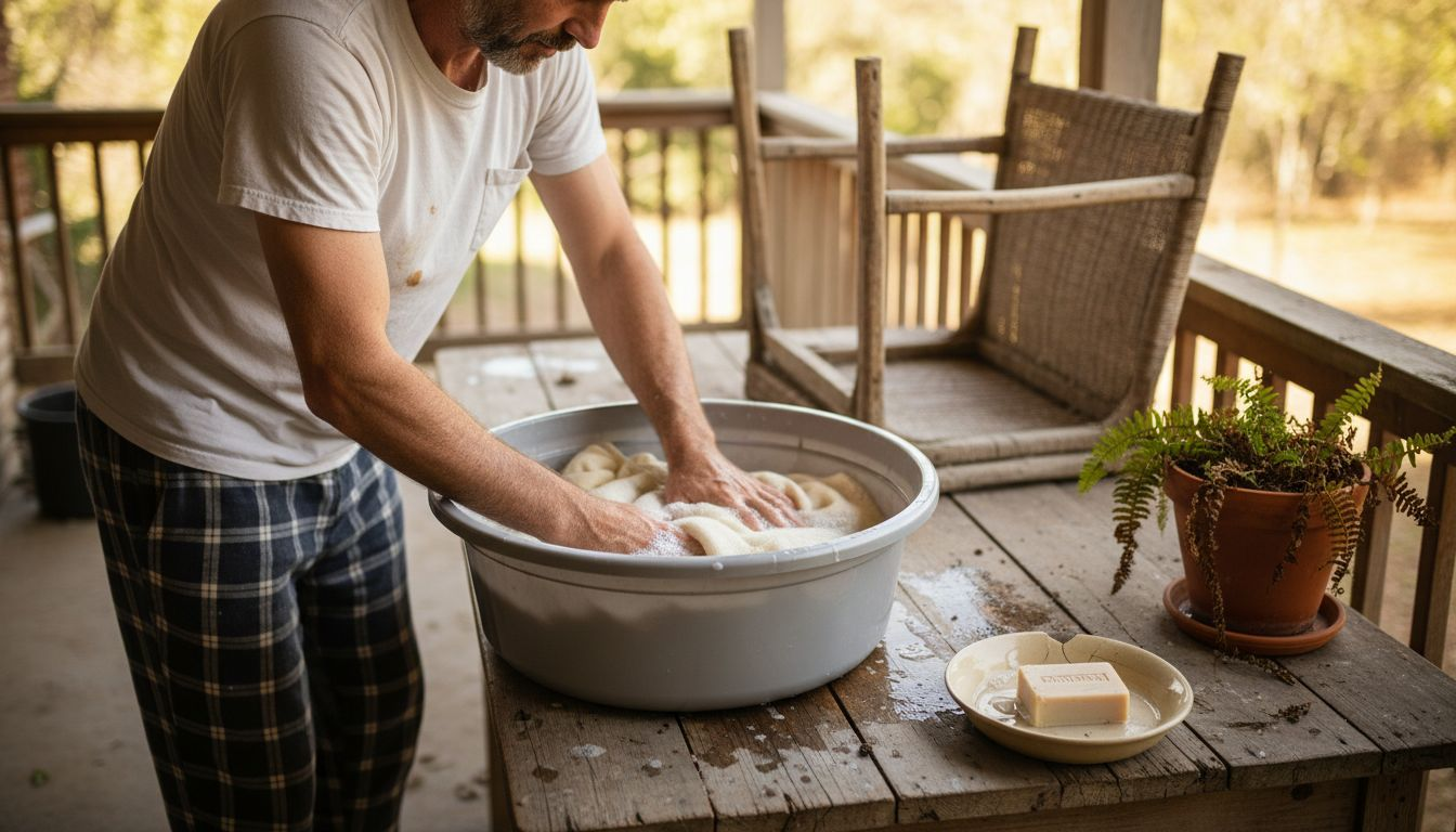 Man washes blanket in basin on porch