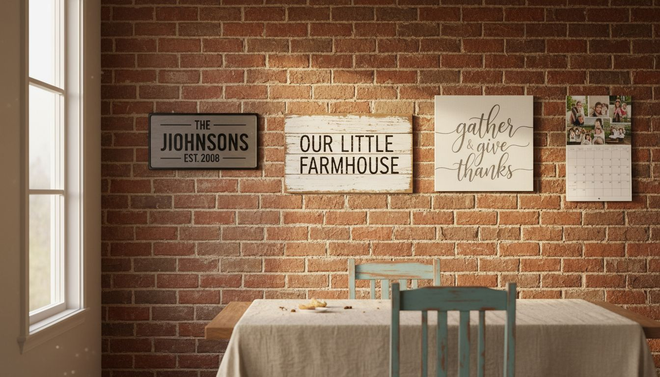 Various personalized signs on brick wall