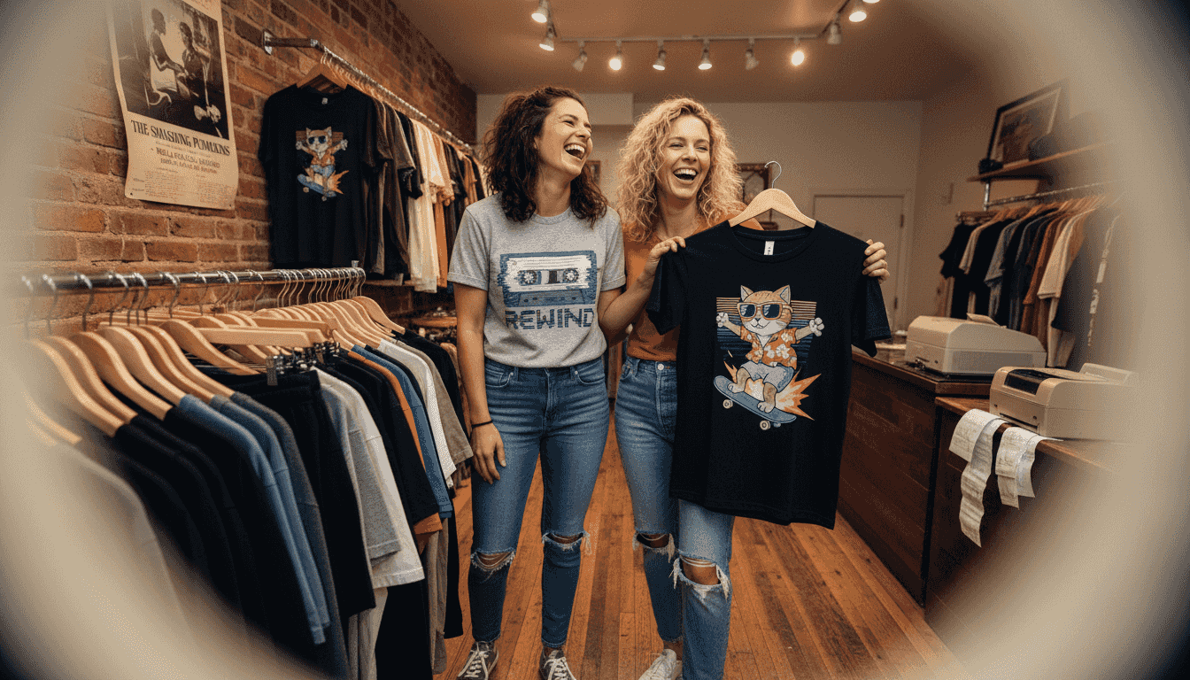 Friends browsing bold vintage tech T-shirts