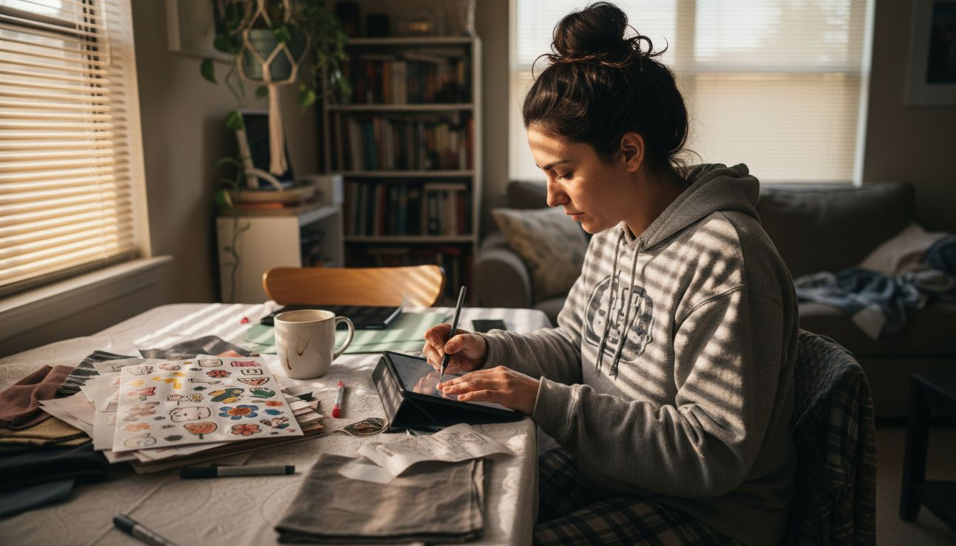 Woman designing fan merchandise at dining table