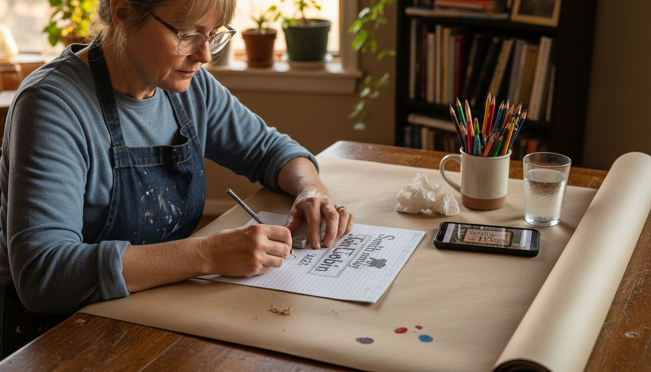 Woman sketching sign design at kitchen table