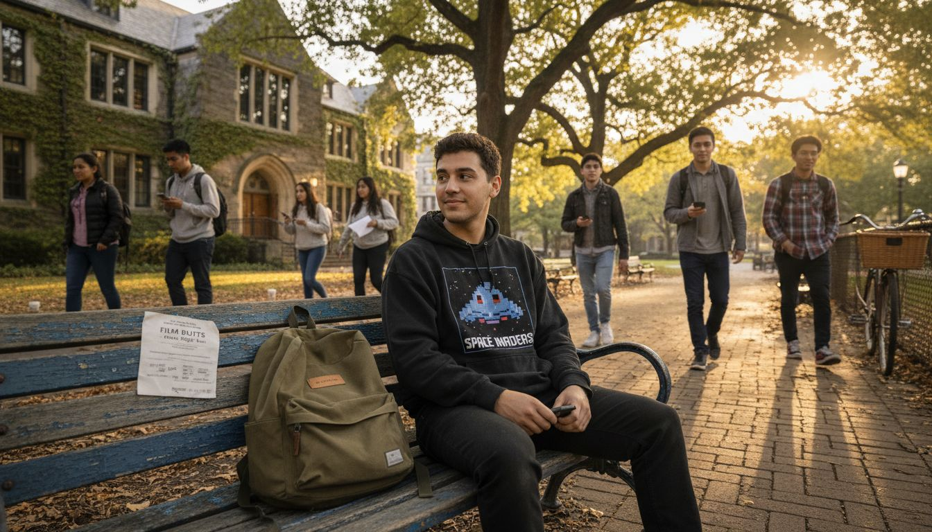 Student in graphic hoodie at university park