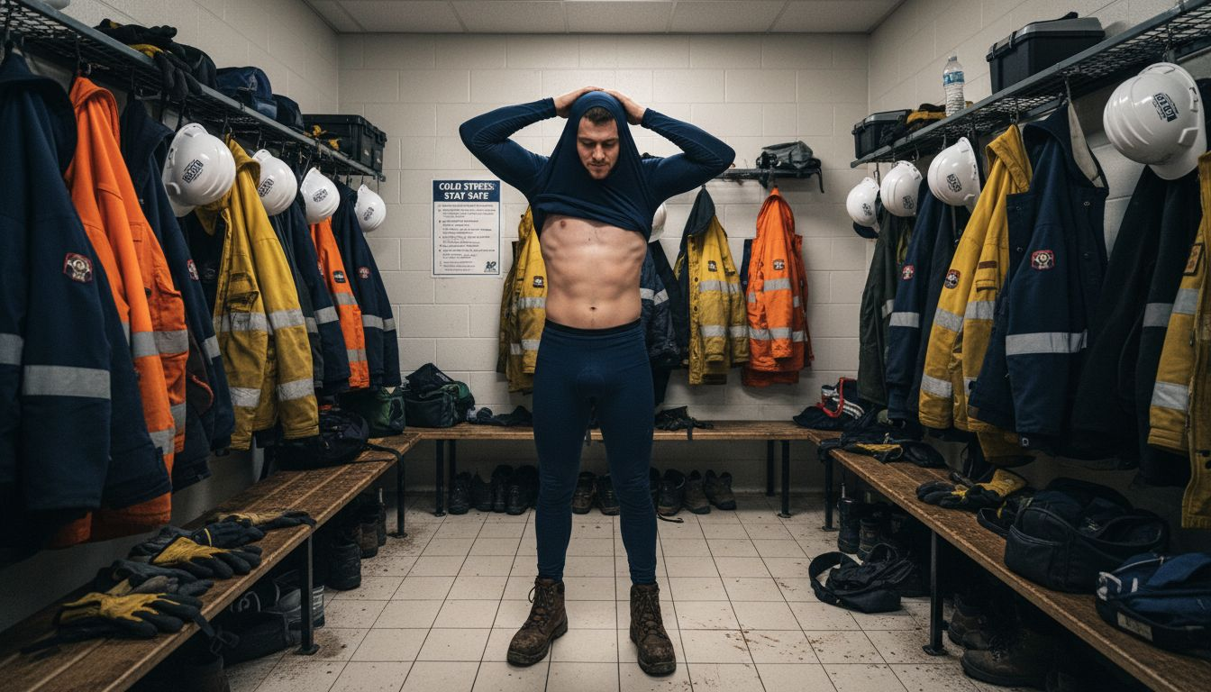 Worker wearing base layer in locker room