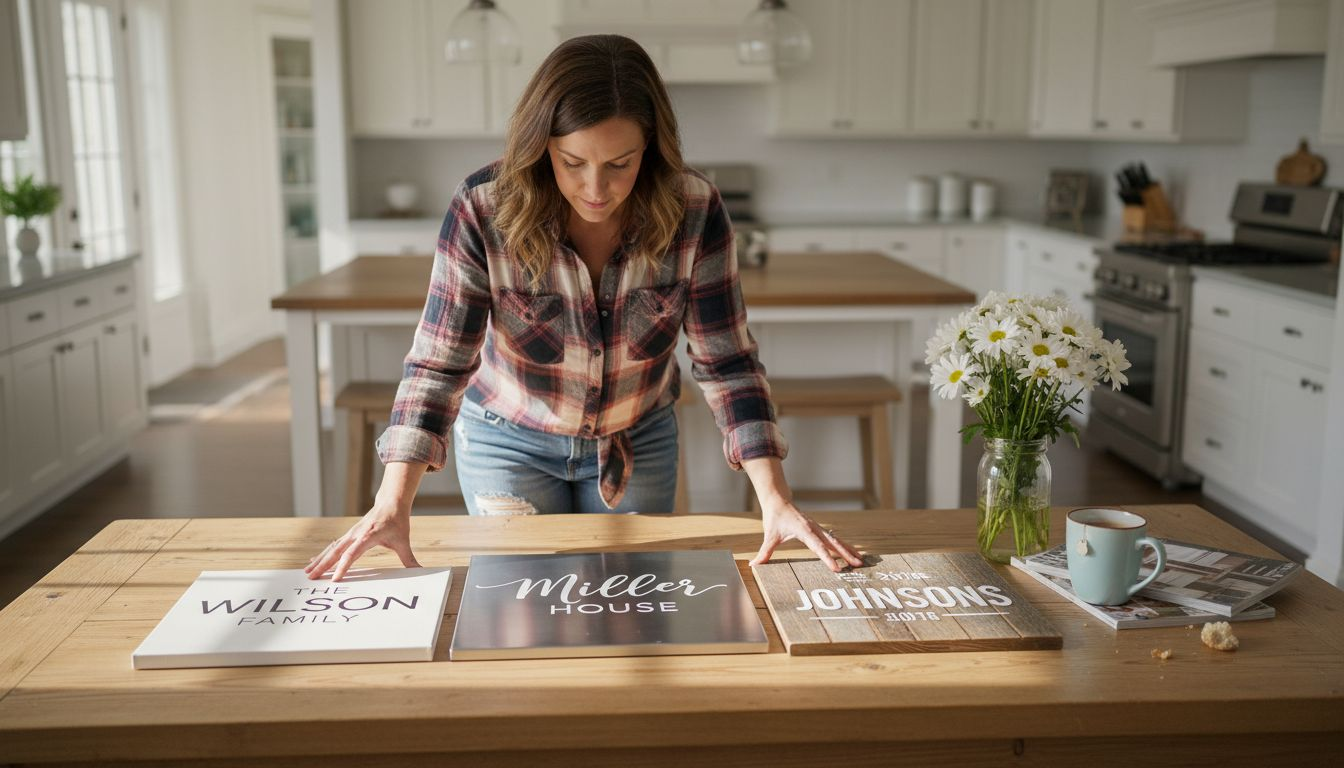 Woman compares canvas, metal, wood family name art