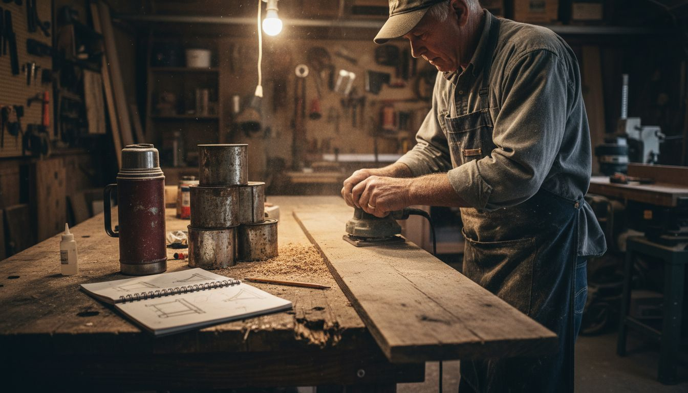 Woodworker using reclaimed wood in workshop