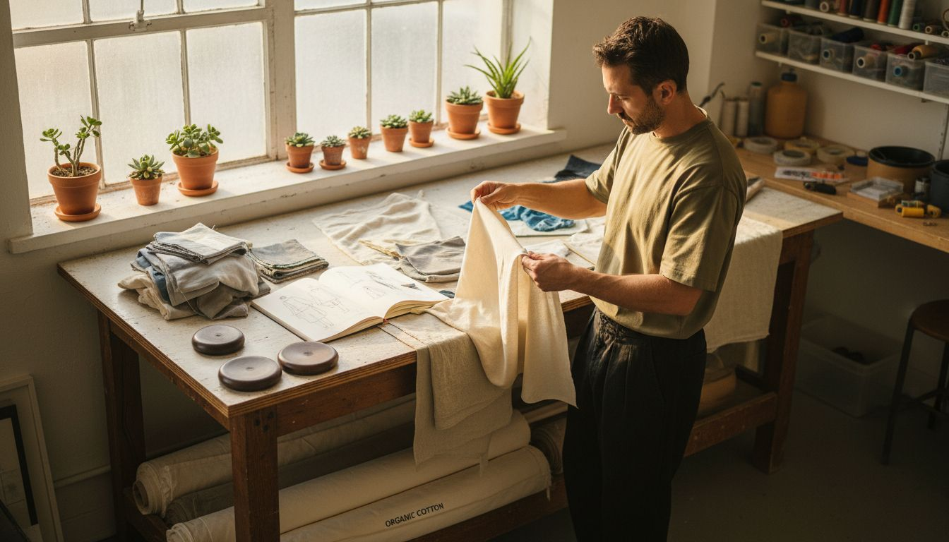 Designer reviewing organic cotton streetwear fabrics