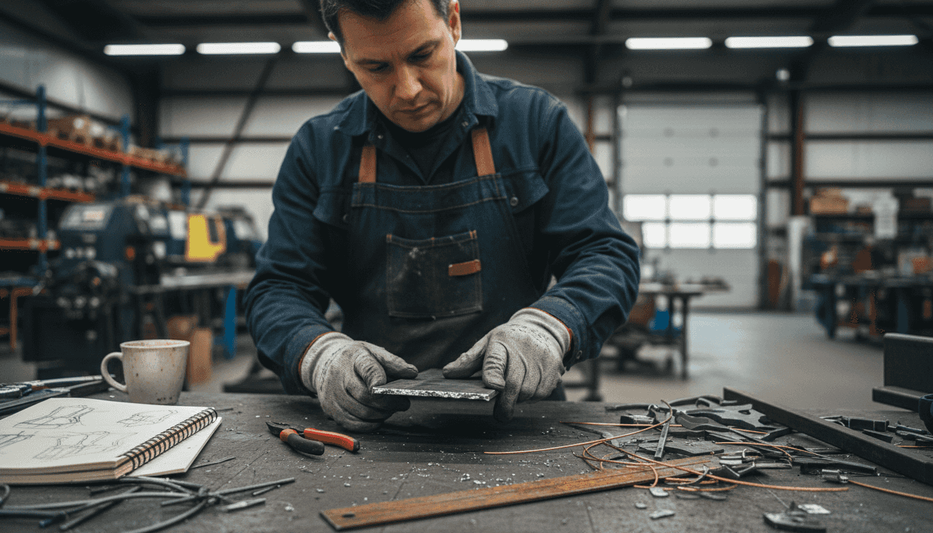 Artist inspecting metal art at workbench