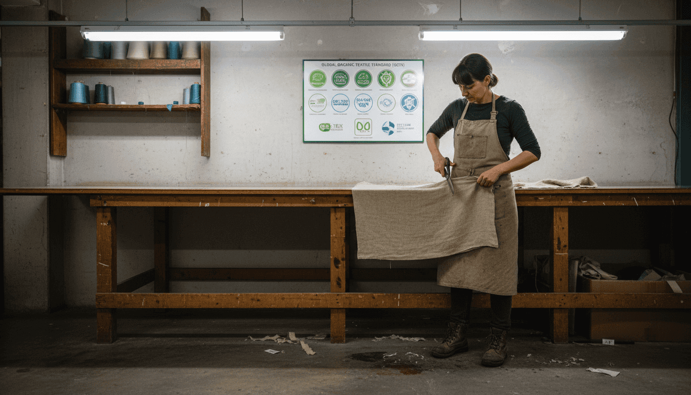 Ethical fashion maker cutting organic cotton fabric