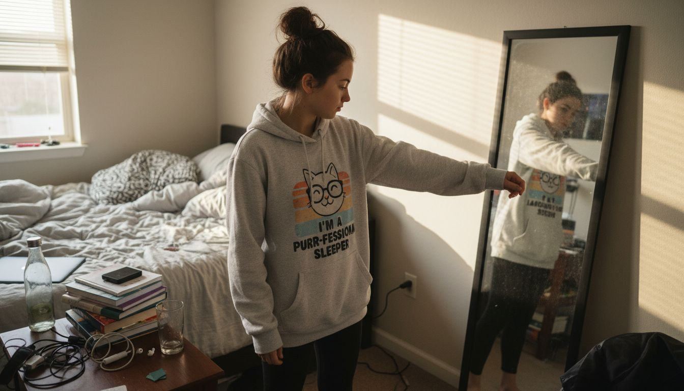 College student checking hoodie fit in bedroom