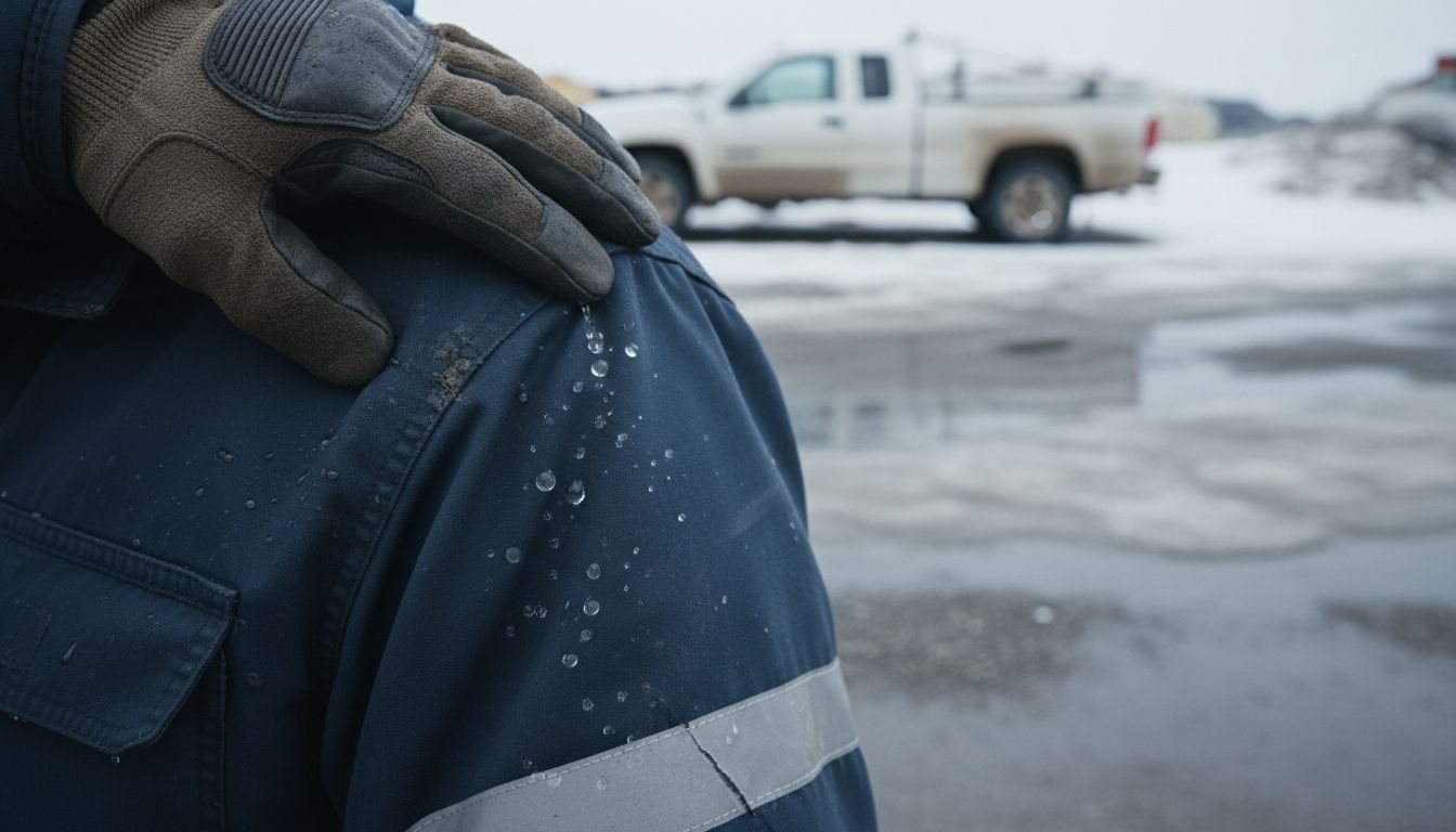 Water beads on DWR-coated work jacket