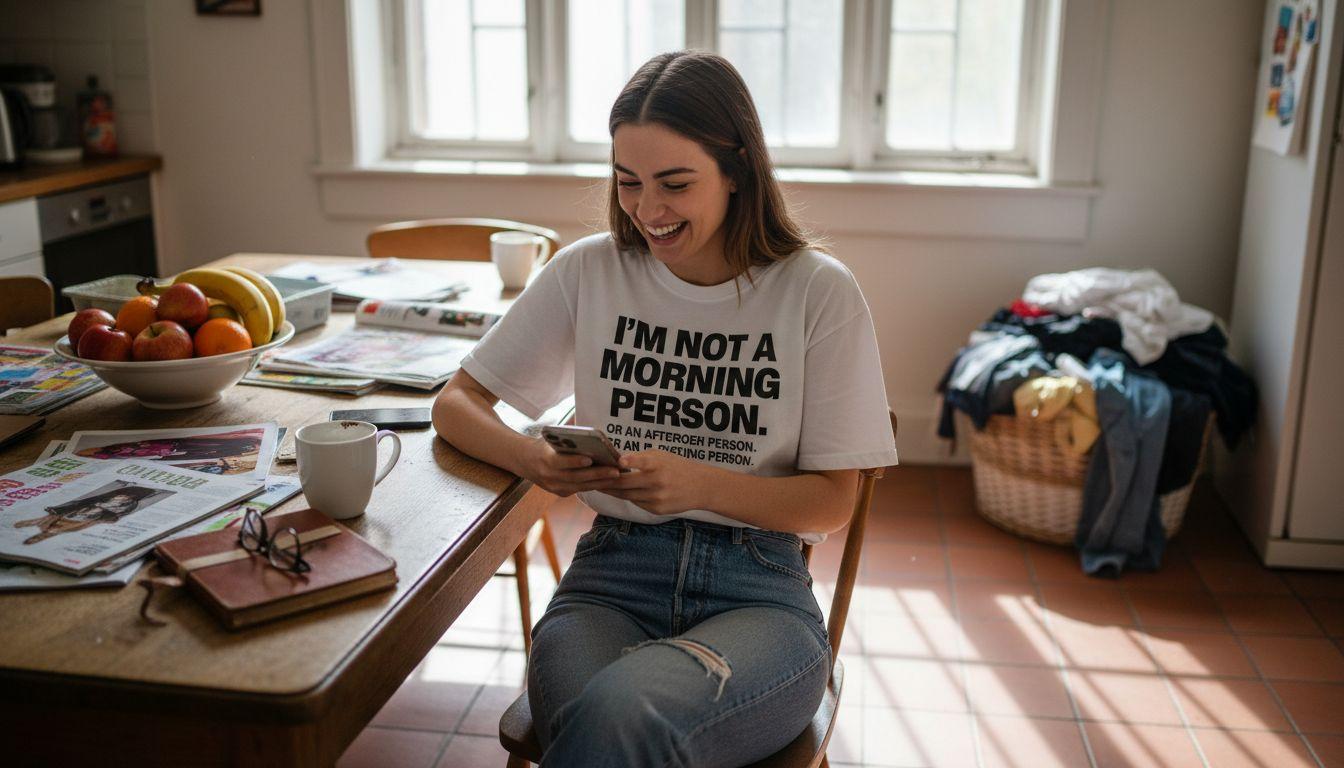 Young woman wearing funny slogan t-shirt