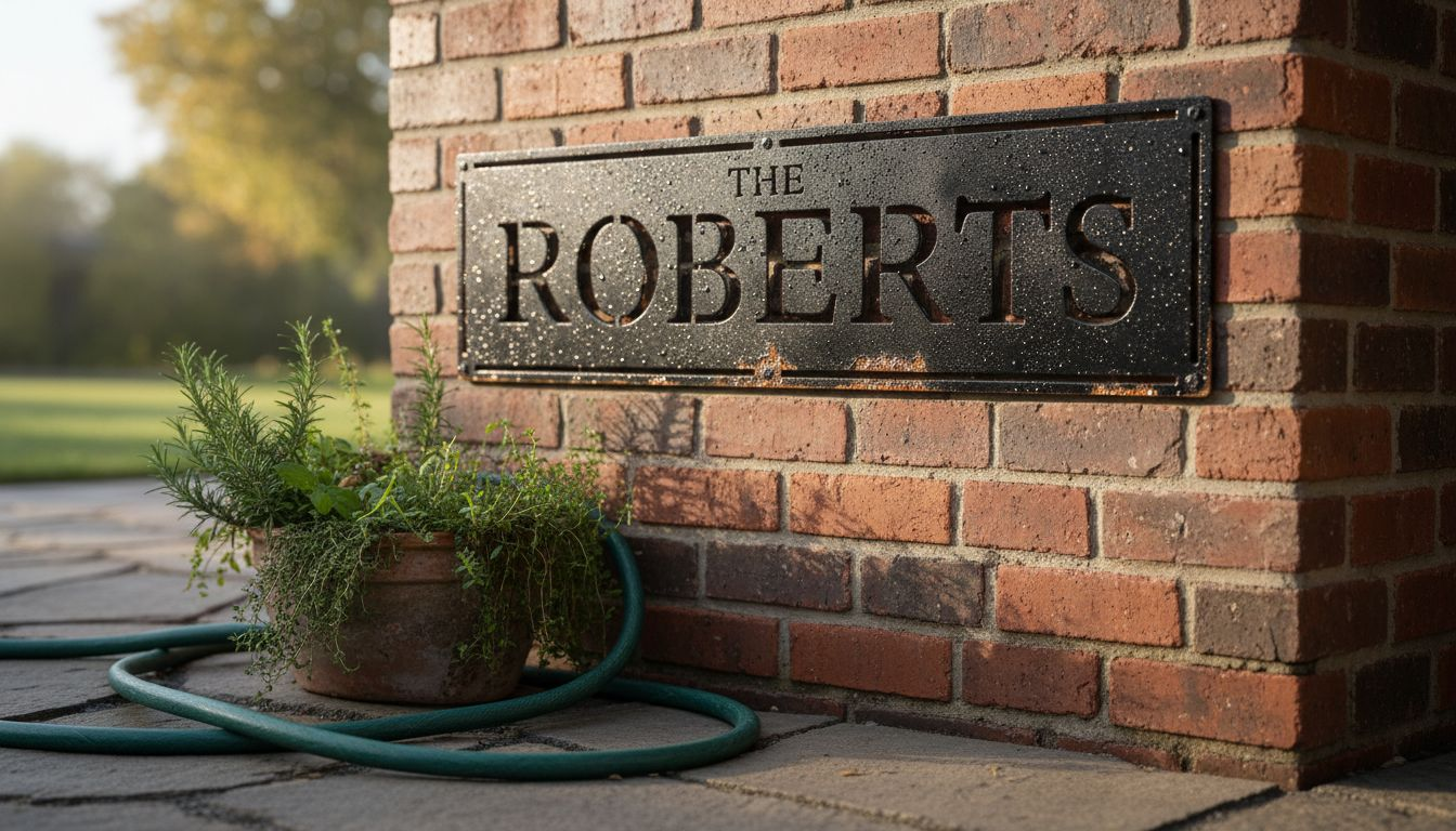 Outdoor steel metal sign on brick wall