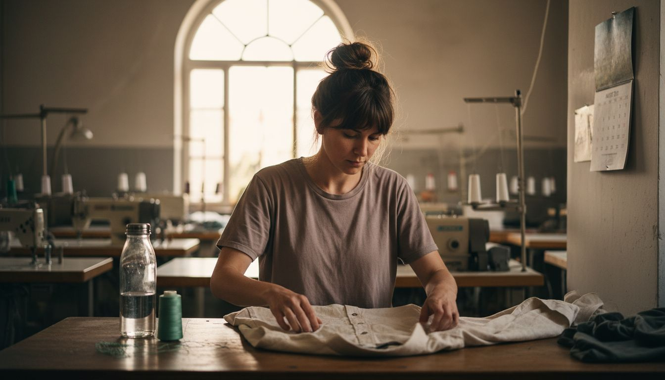 Worker checking clothing in ethical factory