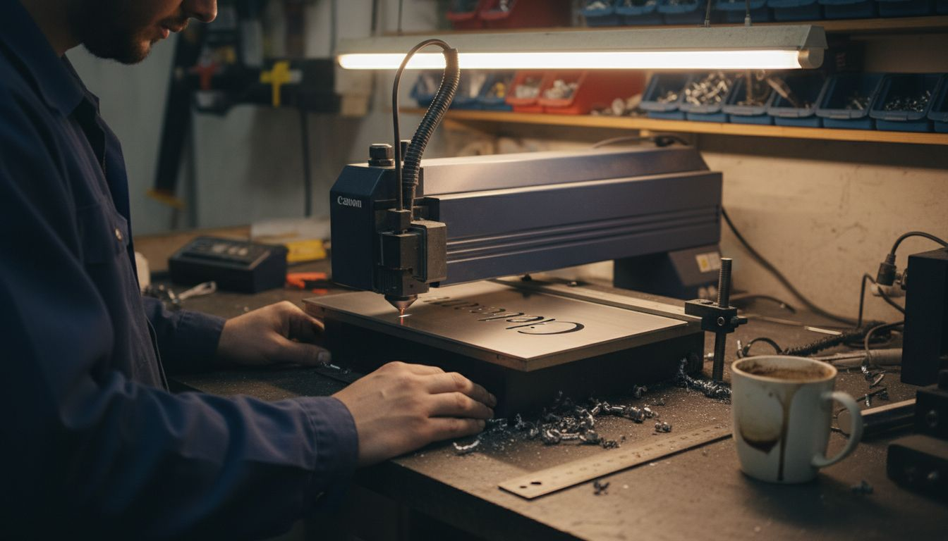 Laser engraving metal sign in workshop