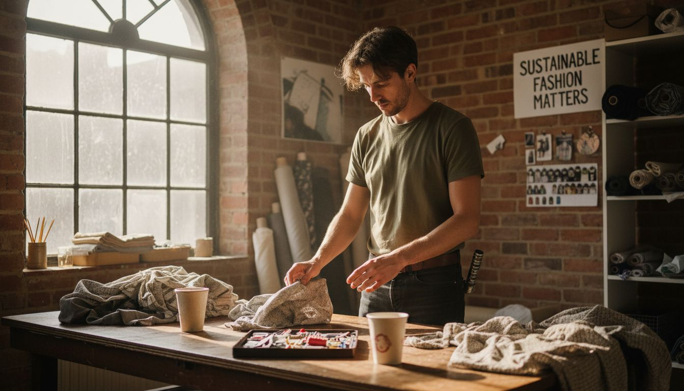 Designer handling recycled fabrics in studio