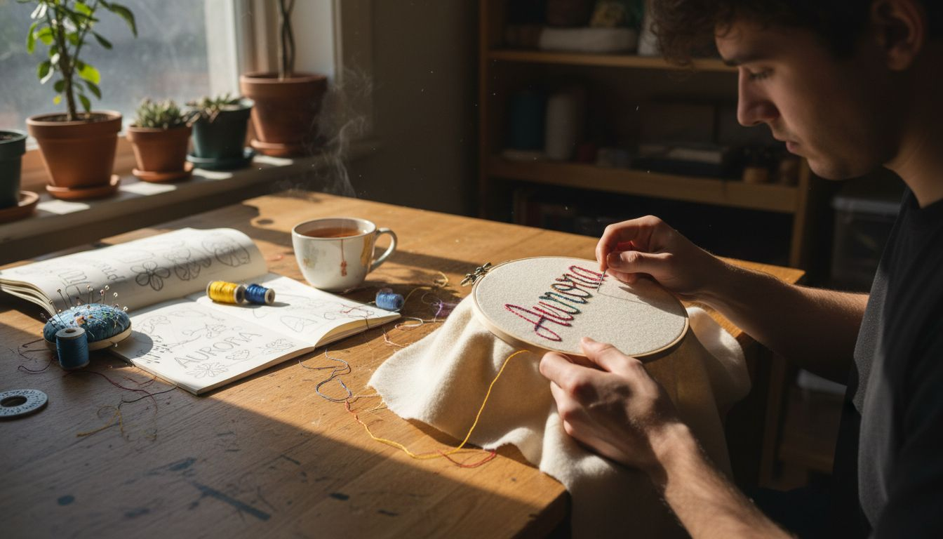 Man embroidering name on wool blanket