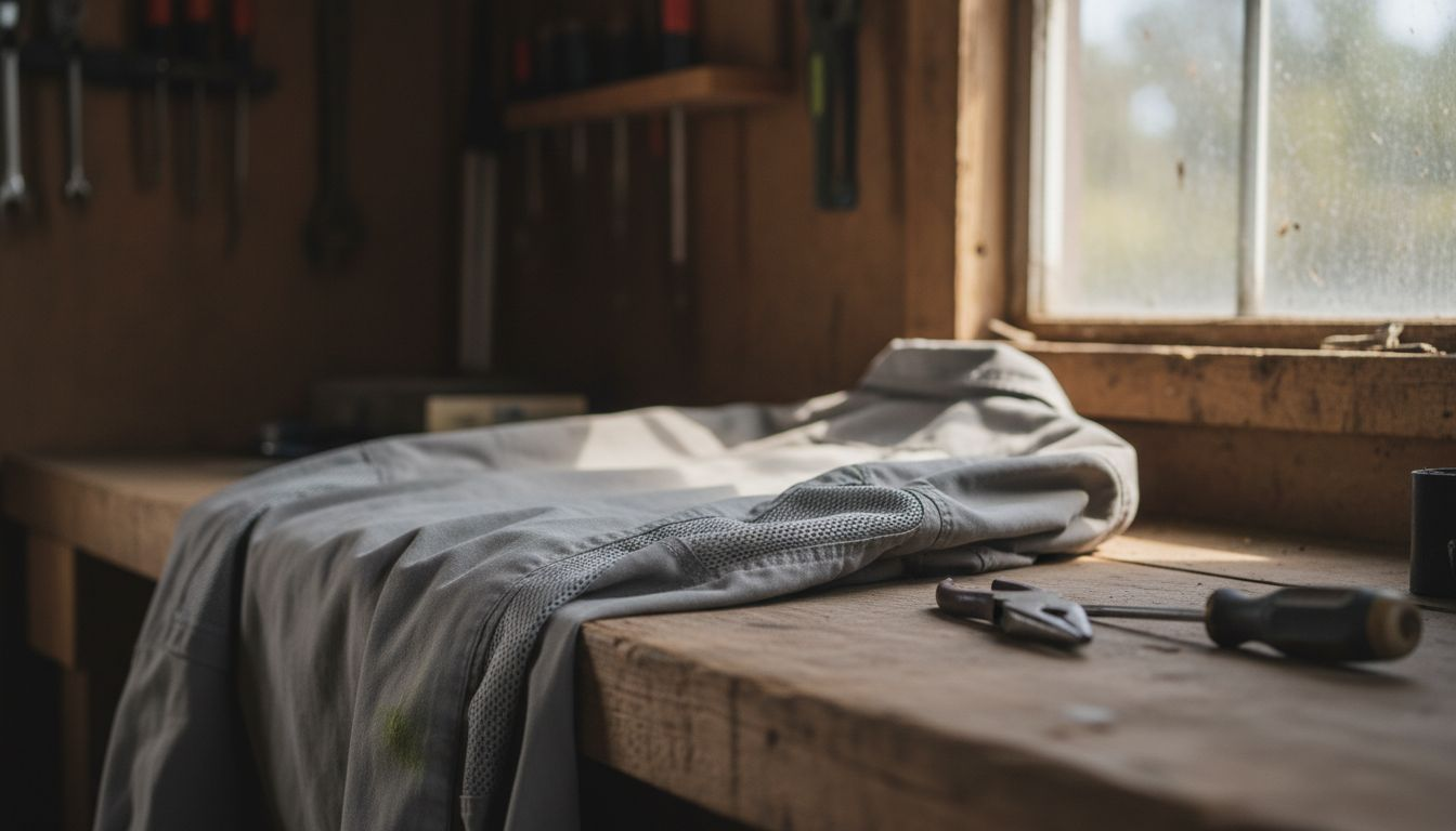 Close-up of mesh vent panels on work shirt