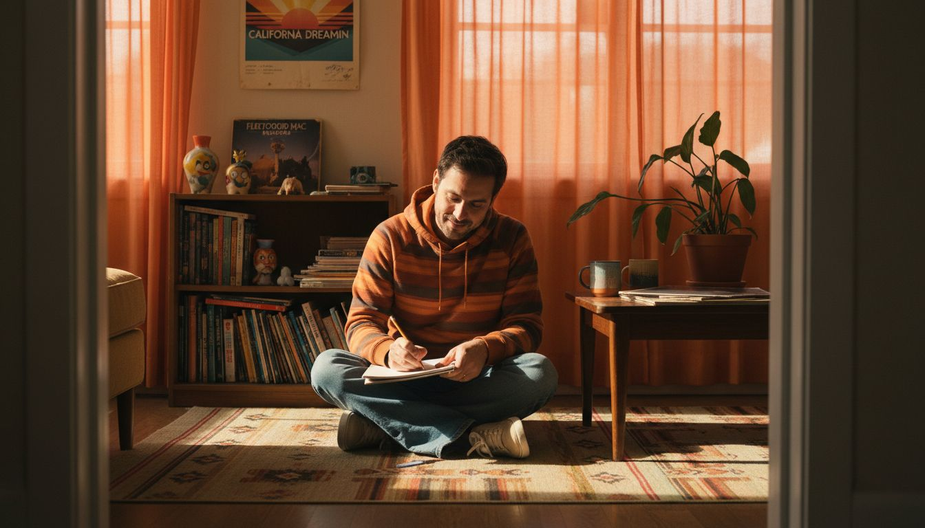 Designer sketching in retro bohemian living room