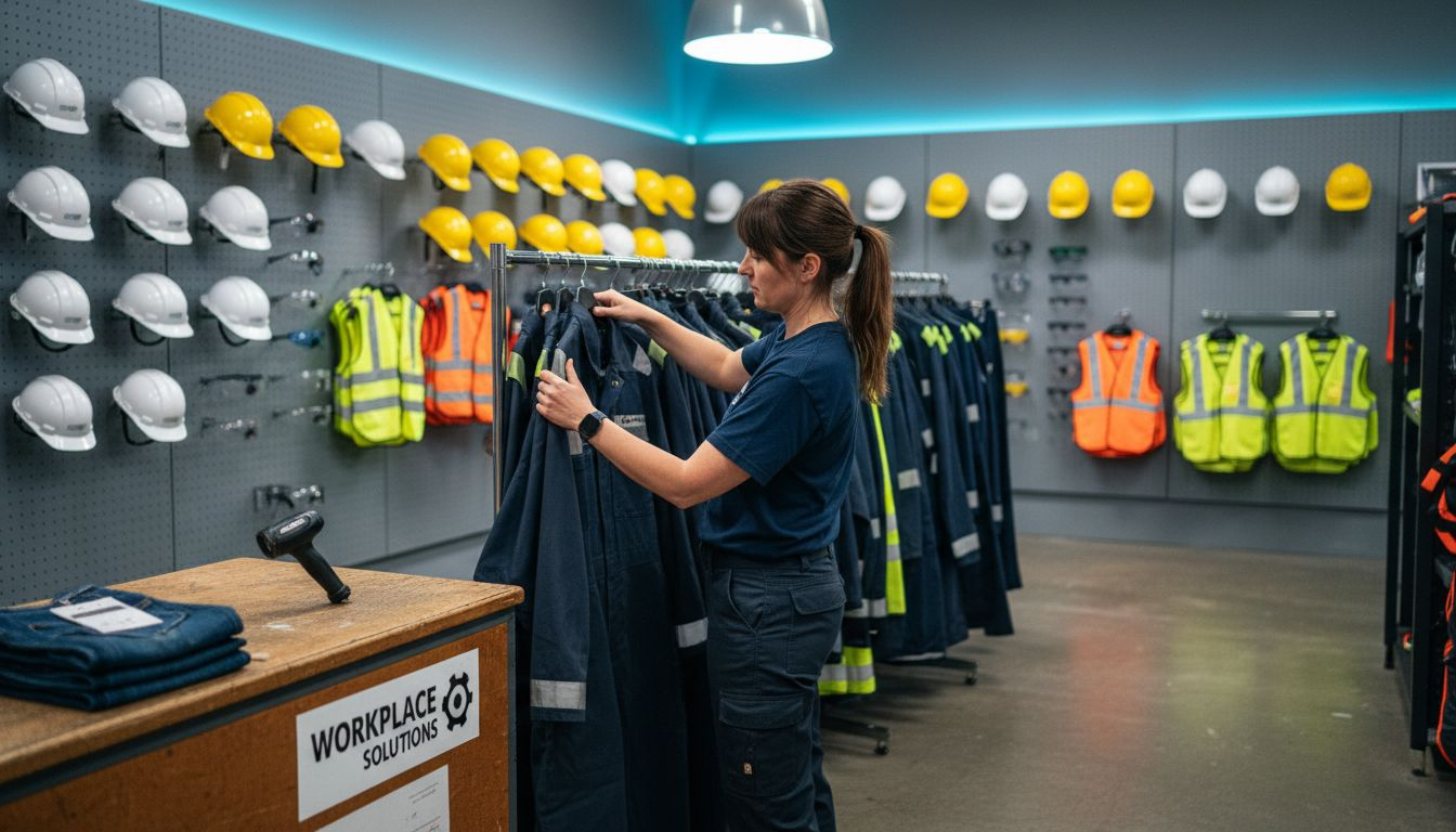 Technician inspects modern workwear in store