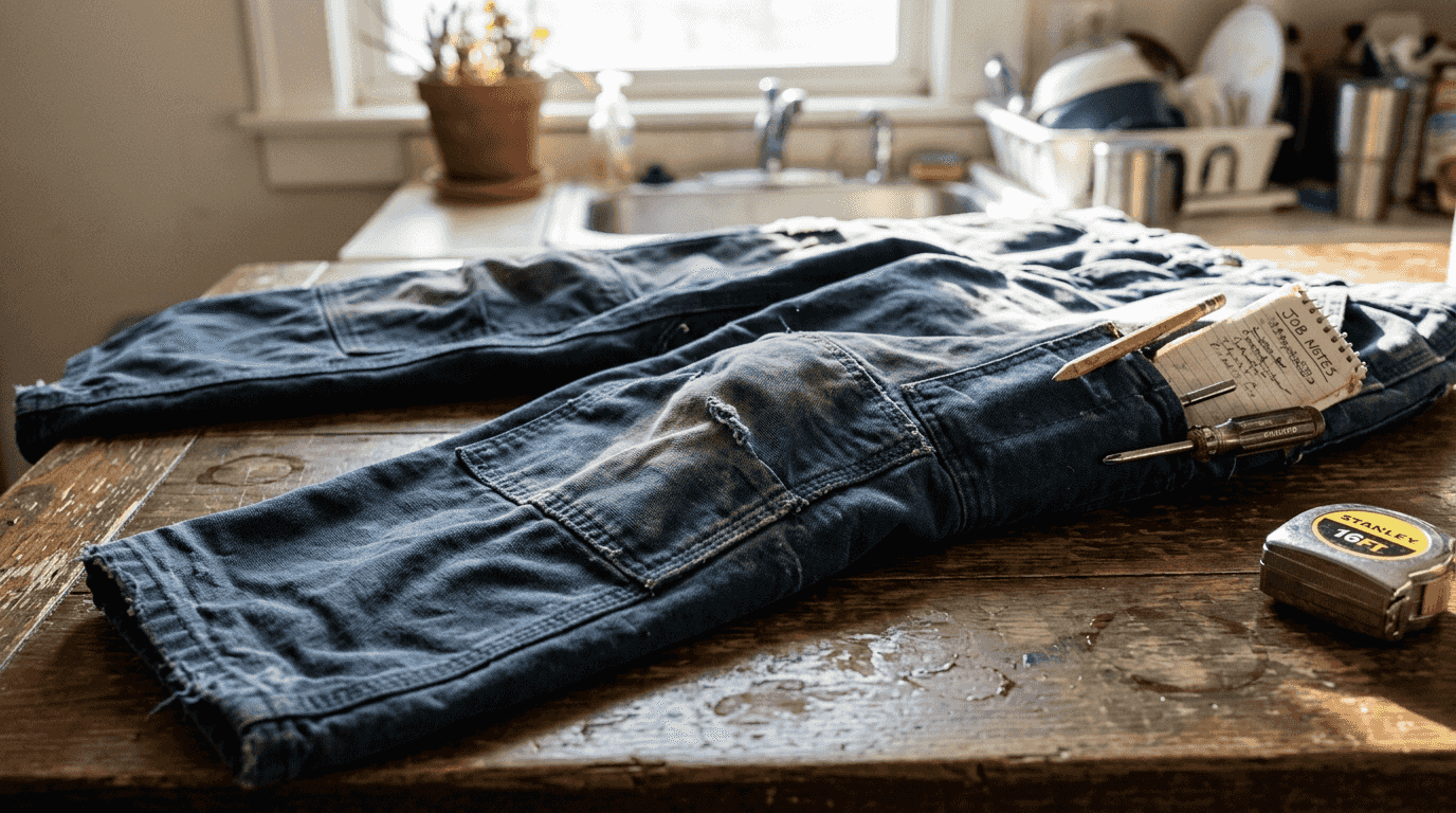Reinforced work pants with visible stitching and tools