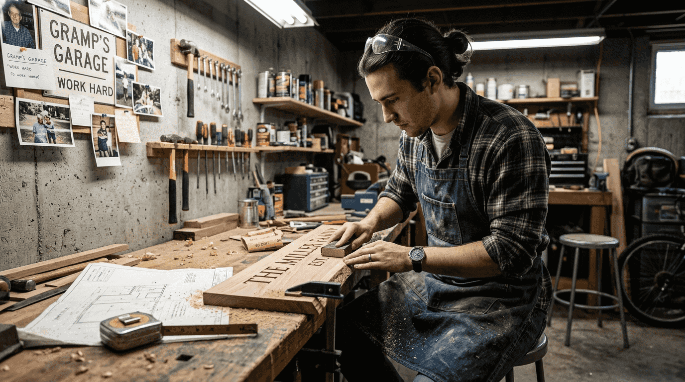 Artisan sanding custom wood family sign