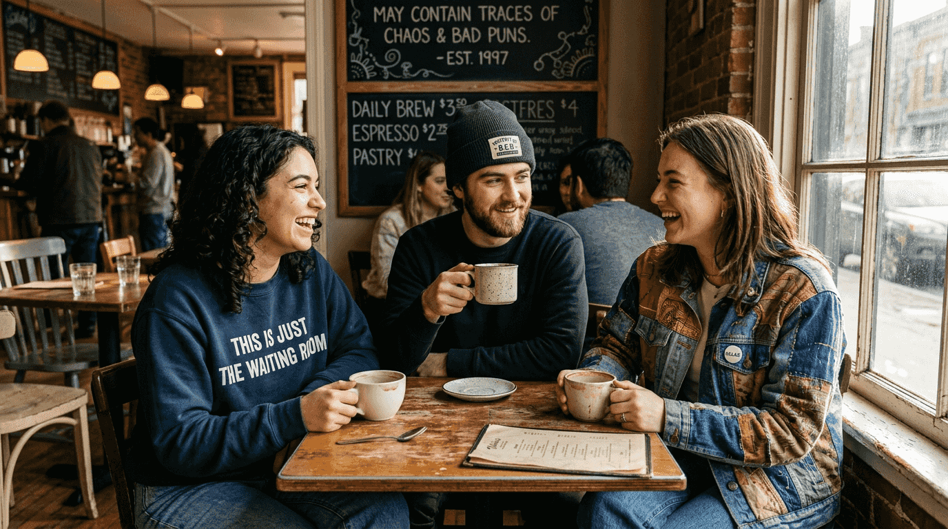 Friends wearing expressive conversational apparel