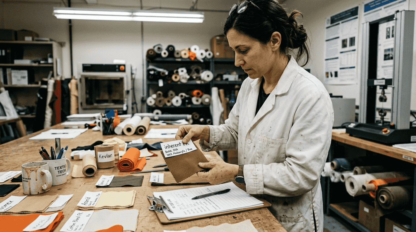 Engineer examining FR fabric swatch samples