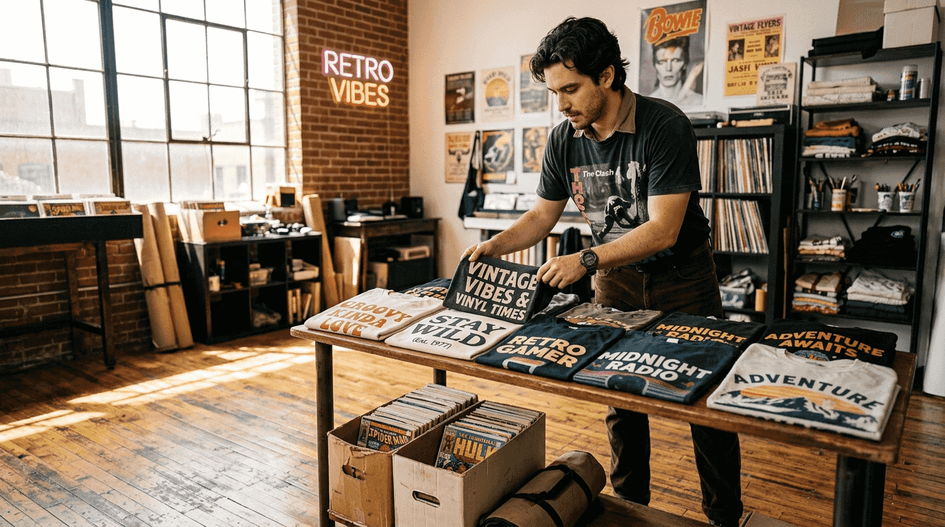 Designer displaying witty nostalgia themed t-shirts