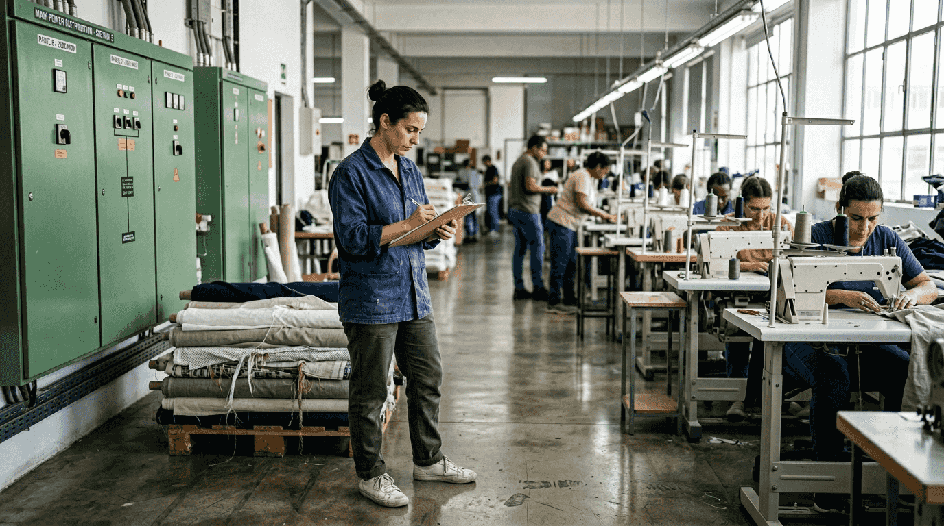 Manager checking ethical apparel production line