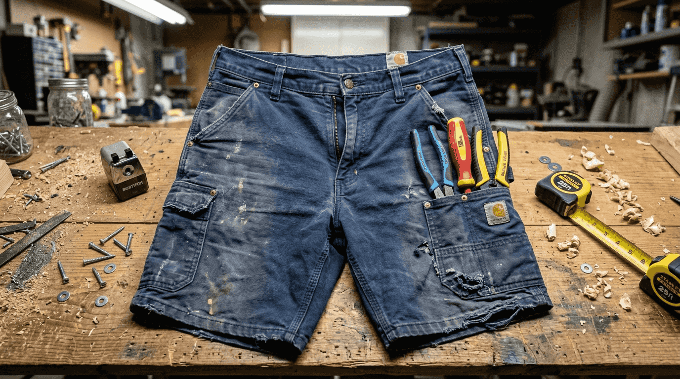 Detail of reinforced tool pockets on shorts