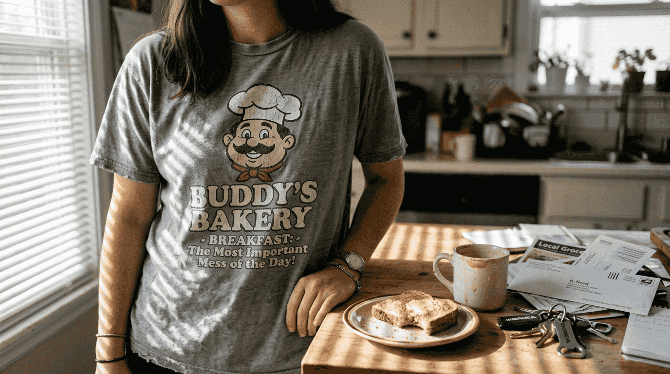 Close-up of vintage-inspired graphic tee at kitchen