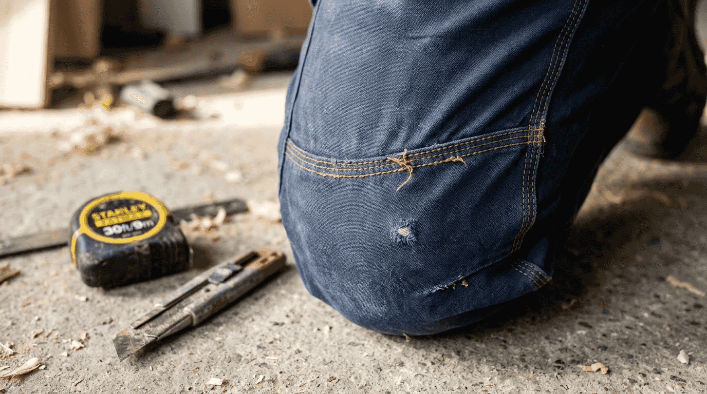 Close-up reinforced seam on work trousers