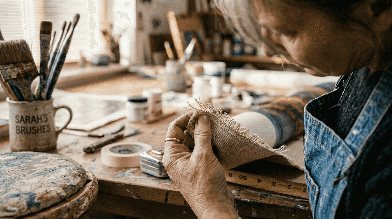 Woman examining quality of rolled canvas