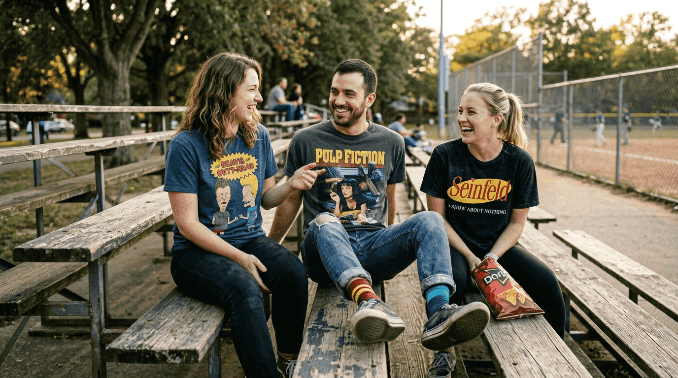 Friends comparing nostalgic statement shirts