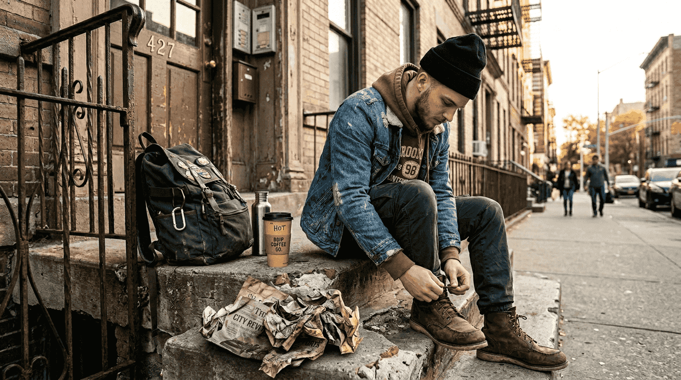 Layered vintage hoodie and denim jacket look