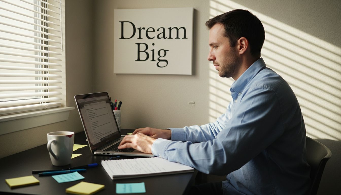 Man at desk with motivational quote canvas