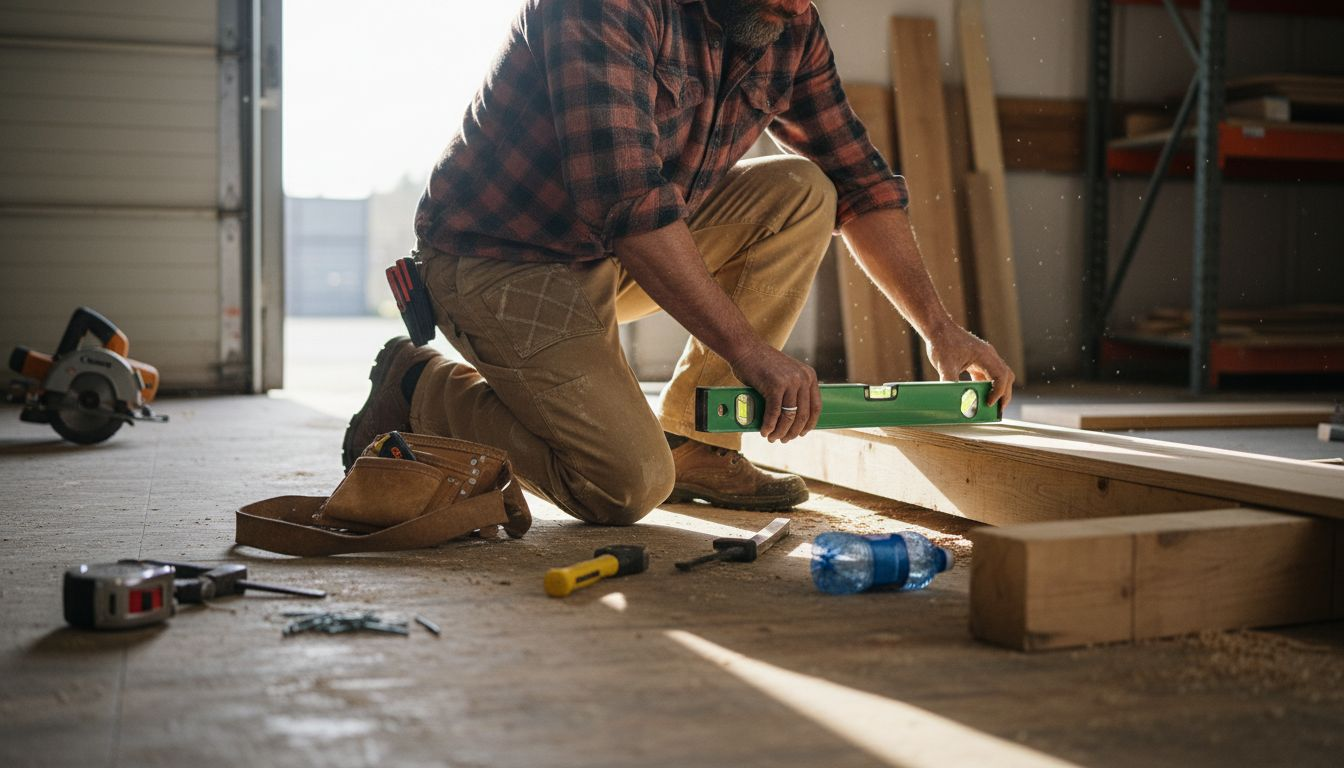 Carpenter kneeling showing pants reinforcements
