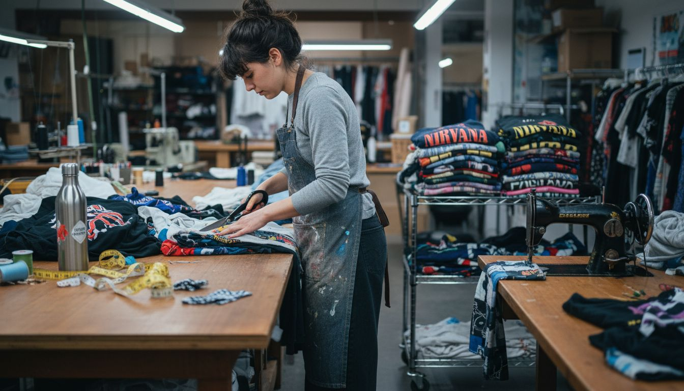 Designer upcycles graphic shirts in small workshop