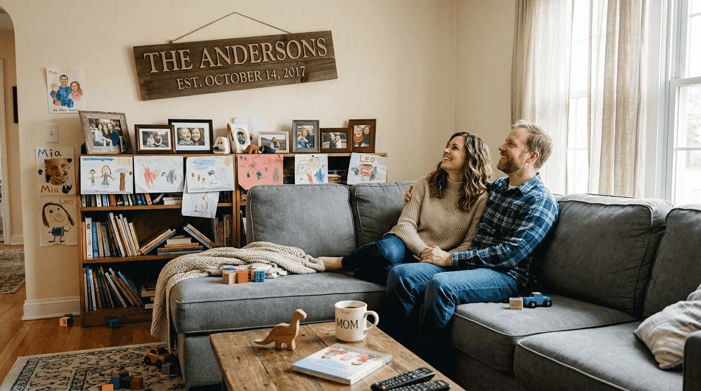 Couple admires custom decor in family room