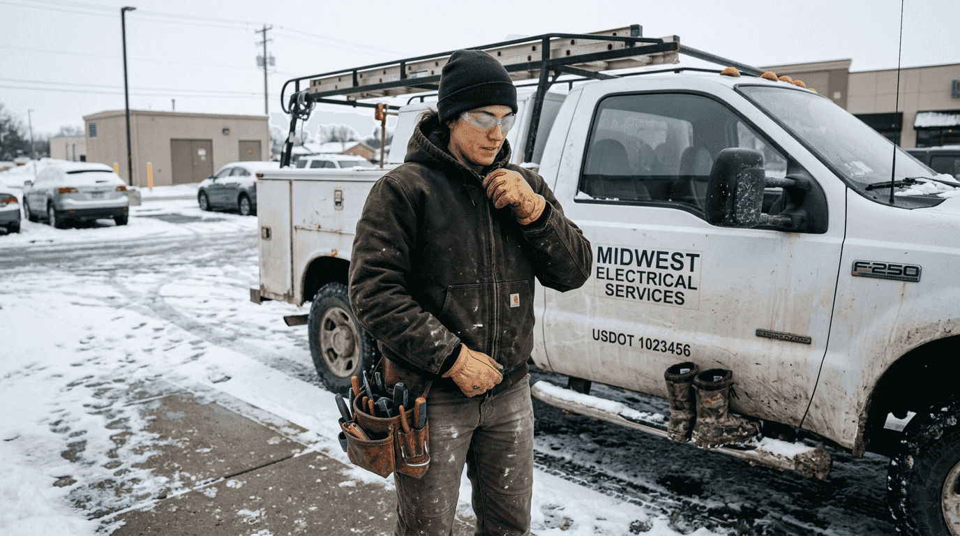 Electrician wearing insulated jacket and gloves outdoors