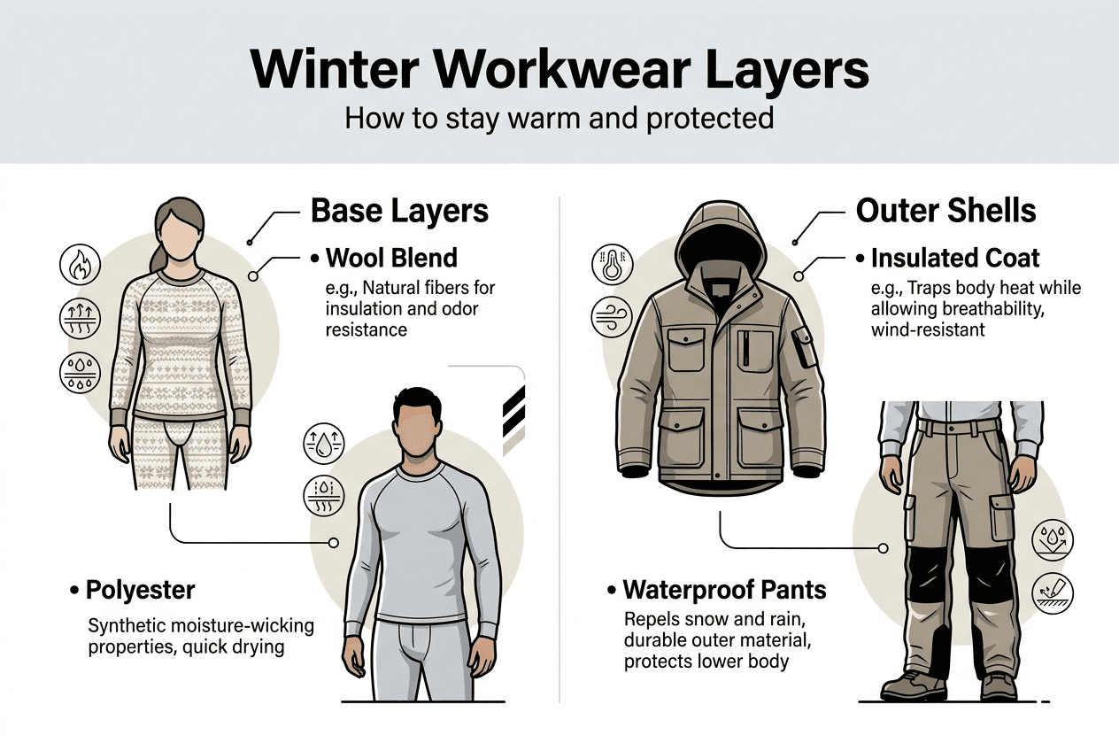 Winter workwear layering infographic with clothing categories