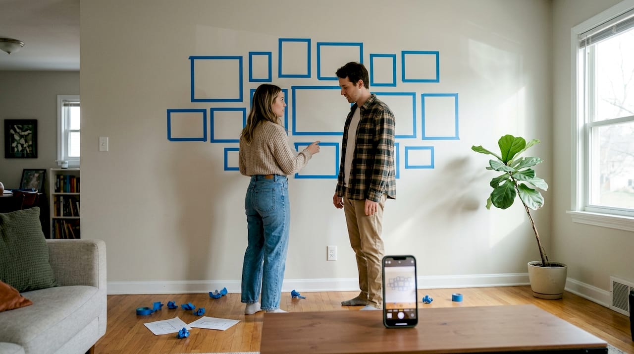 Couple tests wall art layout with tape outlines